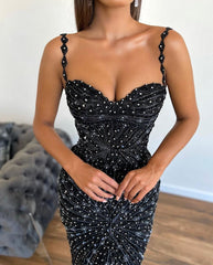 Chic Sleeveless Mermaid Beading Spaghetti Strap Black Formal Dress