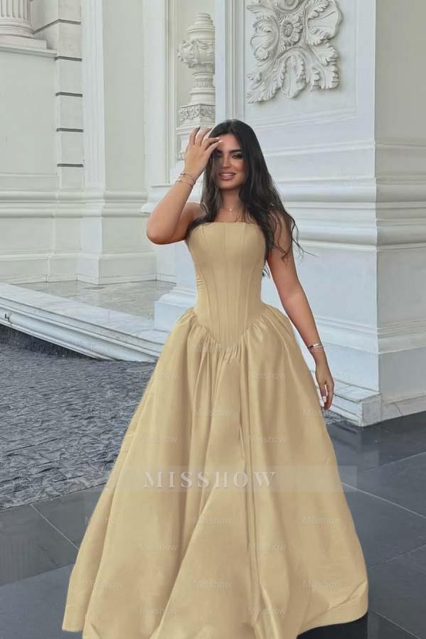 Chic Sleeveless Strapless Long A Line Formal Dress With Pleated