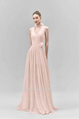 Chic Sleeveless Straps V Neck Long Formal Dress With Pleated Belt