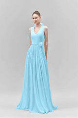 Chic Sleeveless Straps V Neck Long Formal Dress With Pleated Belt