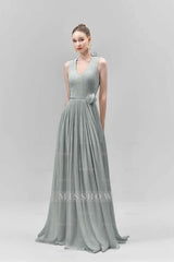 Chic Sleeveless Straps V Neck Long Formal Dress With Pleated Belt