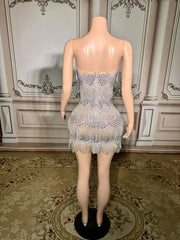 Chic Sliver Strapless Column Beaded Sleeveless Short Tulle Tassel Evening Dresses With Rhinestones