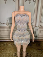 Chic Sliver Strapless Column Beaded Sleeveless Short Tulle Tassel Evening Dresses With Rhinestones