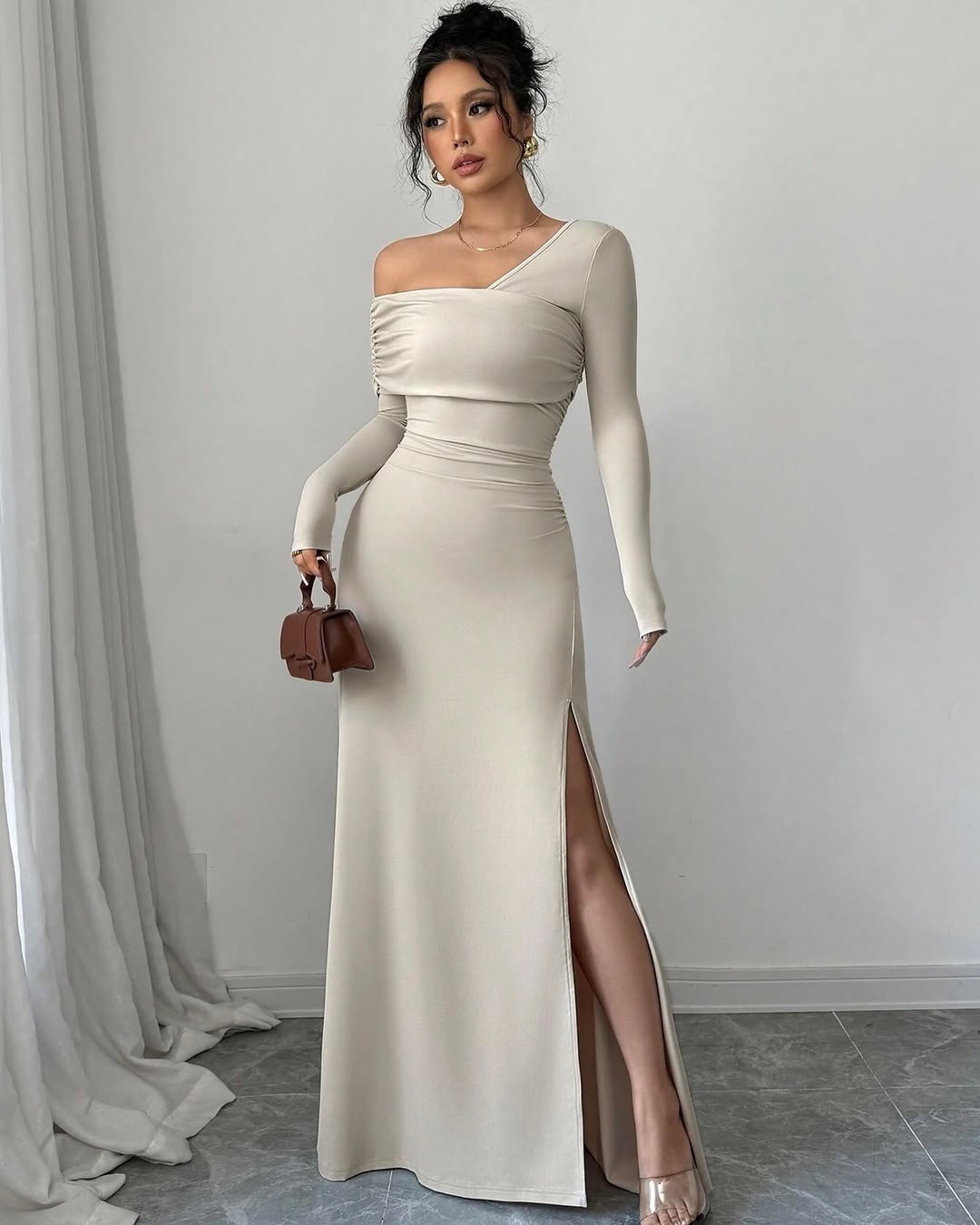 Chic Spandex One Shoulder Long Sleeves Formal Dress With Split