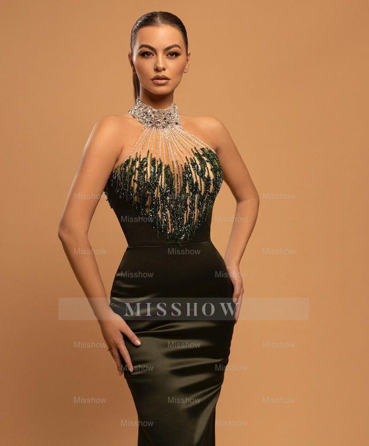 Chic Stain Halter Sleeveless Mermaid Pleated Long Formal Dress with Beadings