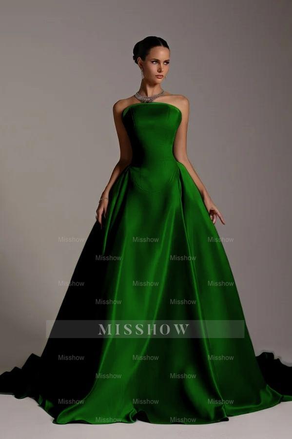 Chic Strapless Sleeveless A Line Long Formal Dress With Pleated