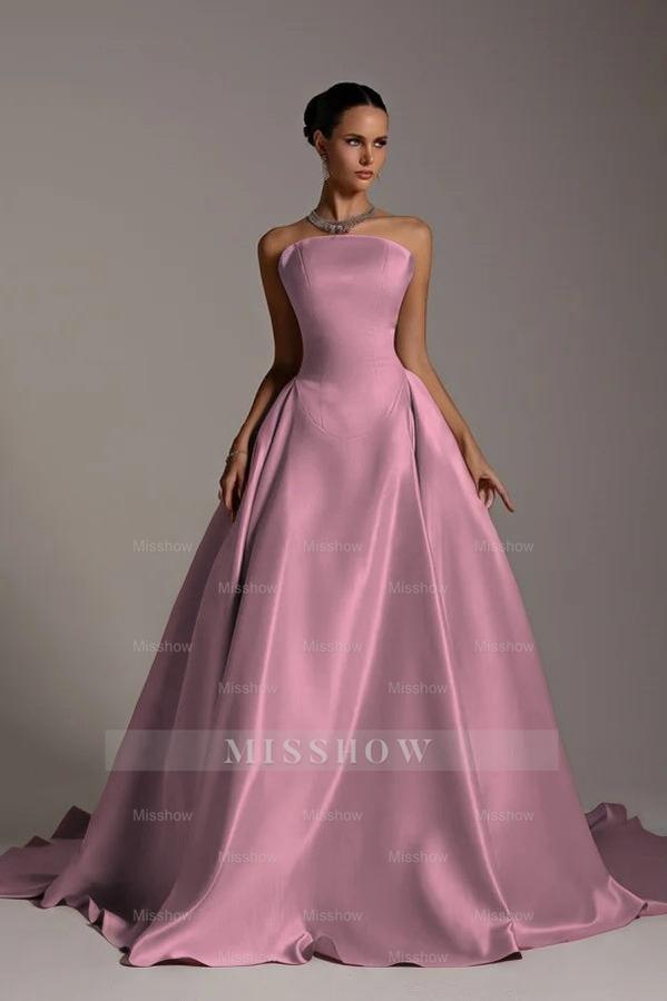 Chic Strapless Sleeveless A Line Long Formal Dress With Pleated