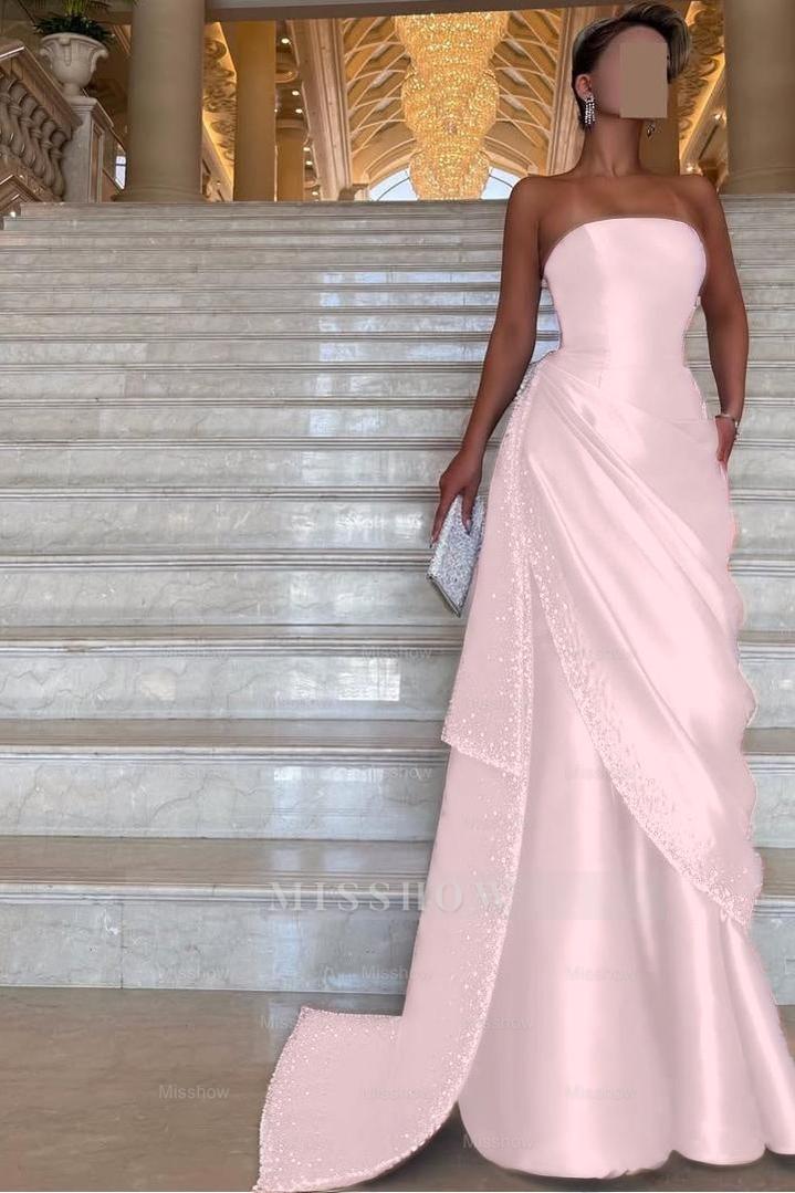 Chic Strapless Sleeveless Long Formal Dress With Pleated Beading