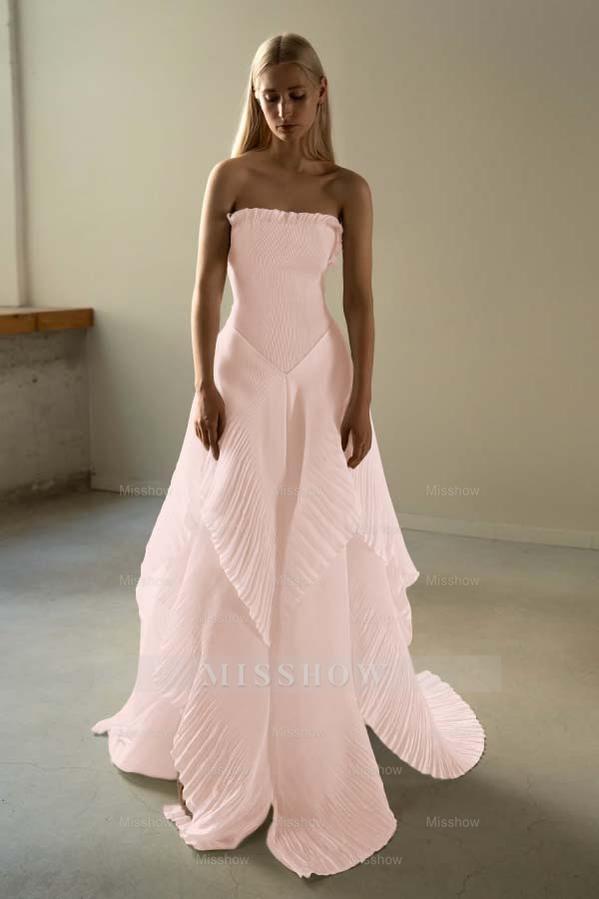 Chic Strapless Sleeveless Long Formal Dress With Ruffles Pleated
