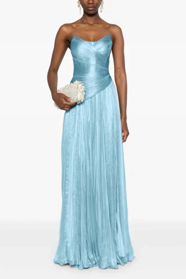 Chic Strapless Sleeveless Long Formal Dress With Ruffles Pleated