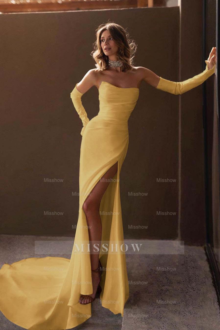 Chic Strapless Sleeveless Split Long Formal Dress With Ruffles