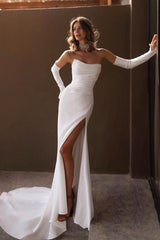 Chic Strapless Sleeveless Split Long Formal Dress With Ruffles