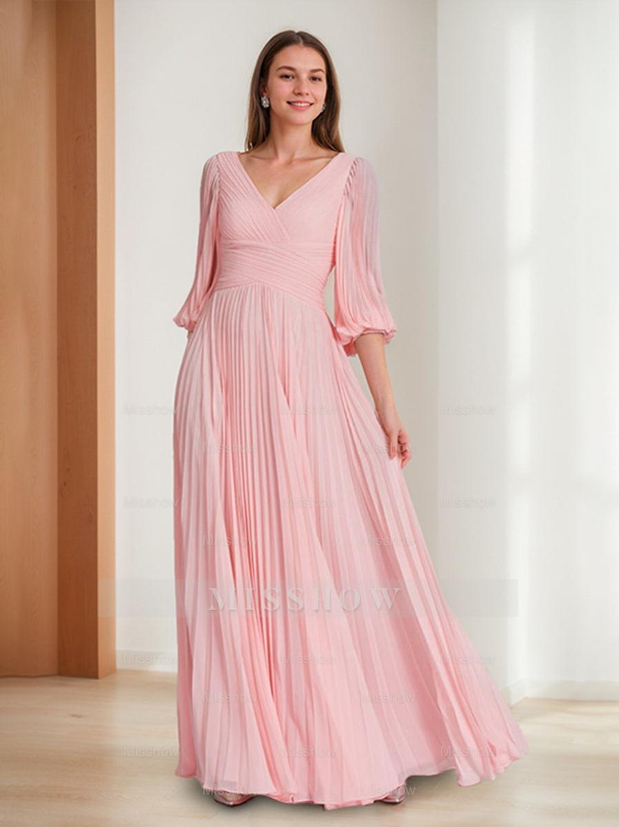 Chic V-Neck A-Line Princess Dress with 3/4 Sleeves and Pleated Chiffon for Mothers of the Bride & Groom