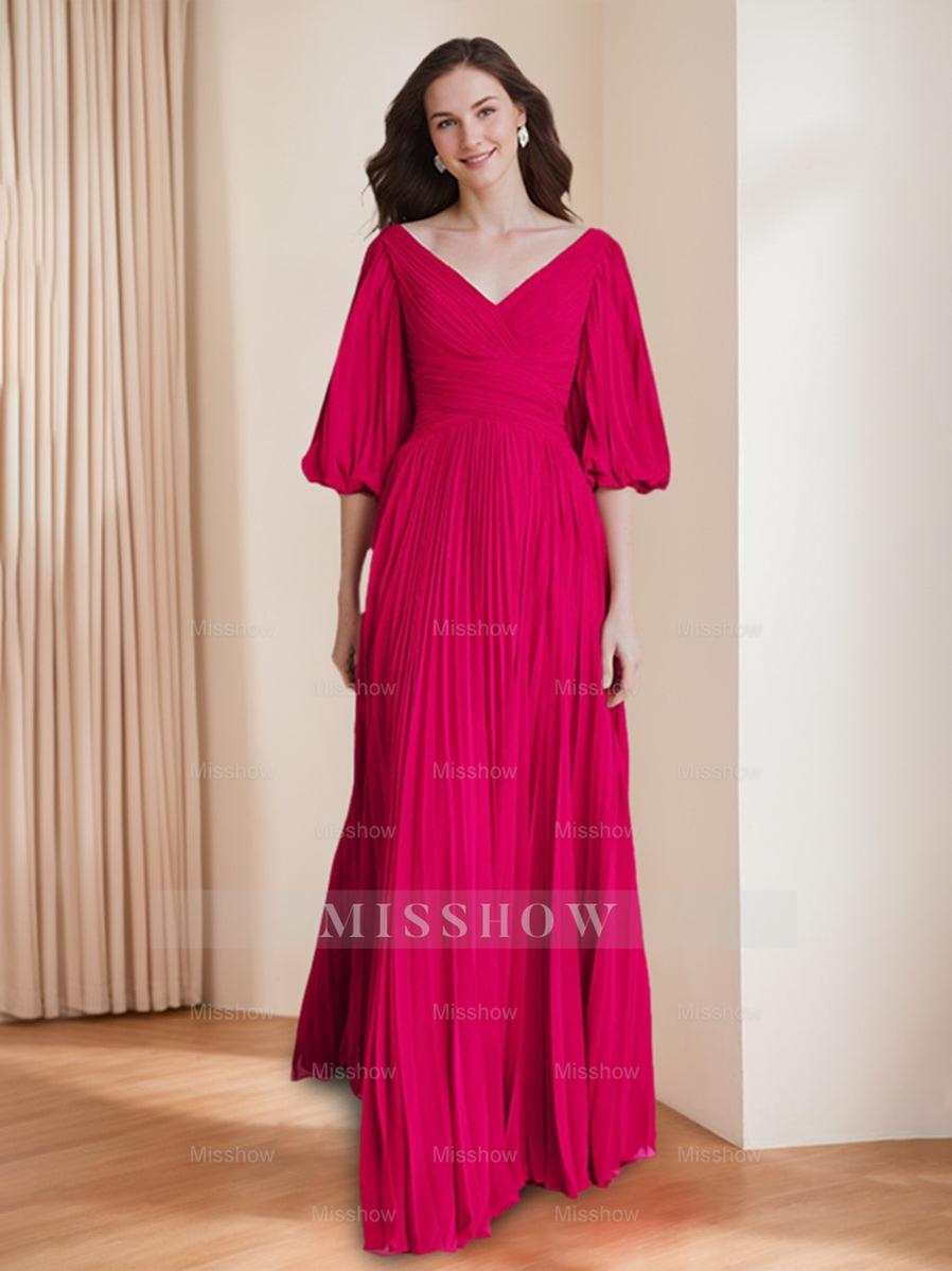 Chic V-Neck A-Line Princess Dress with 3/4 Sleeves and Pleated Chiffon for Mothers of the Bride & Groom