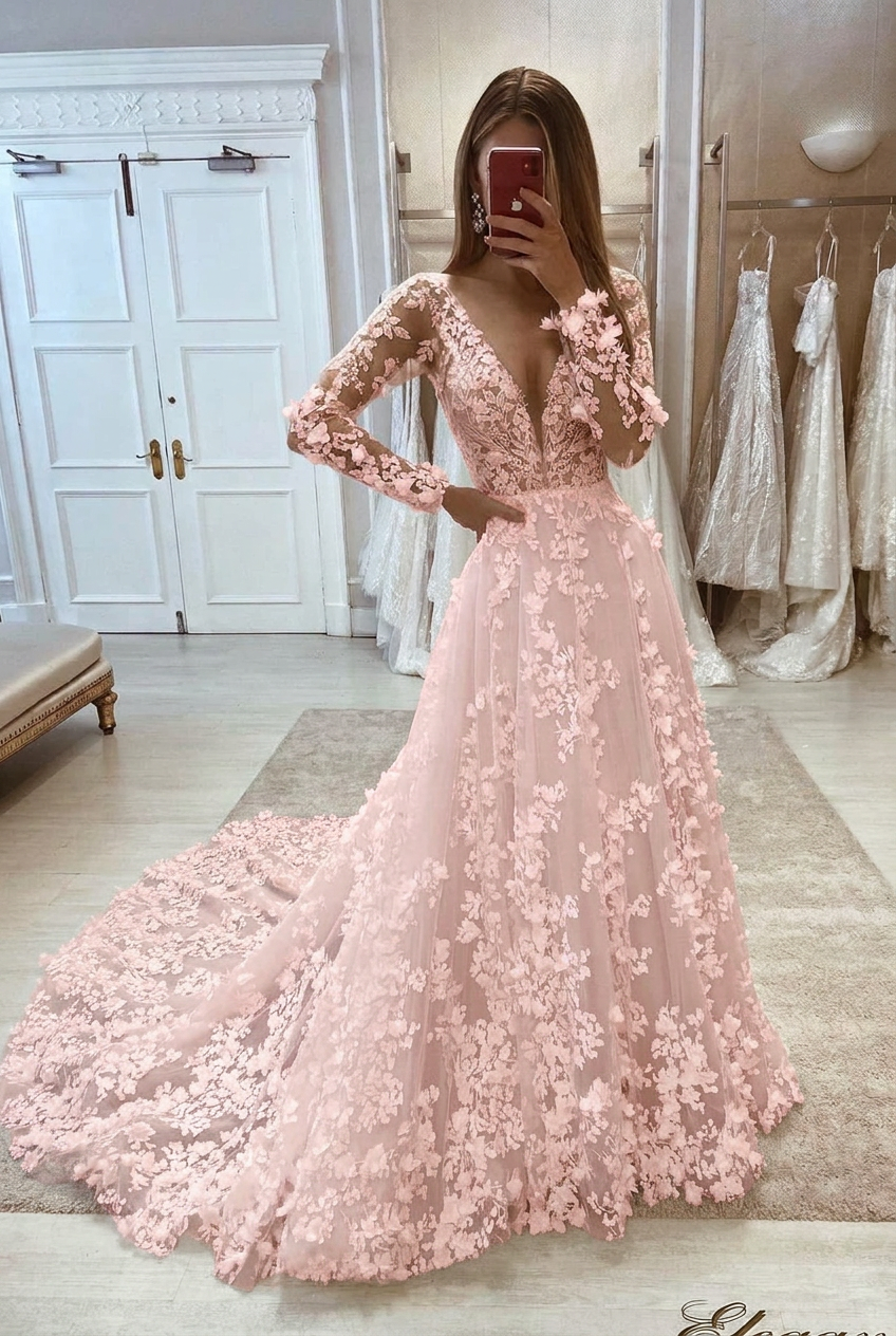Blushing pink v-neck applique a-line wedding dress