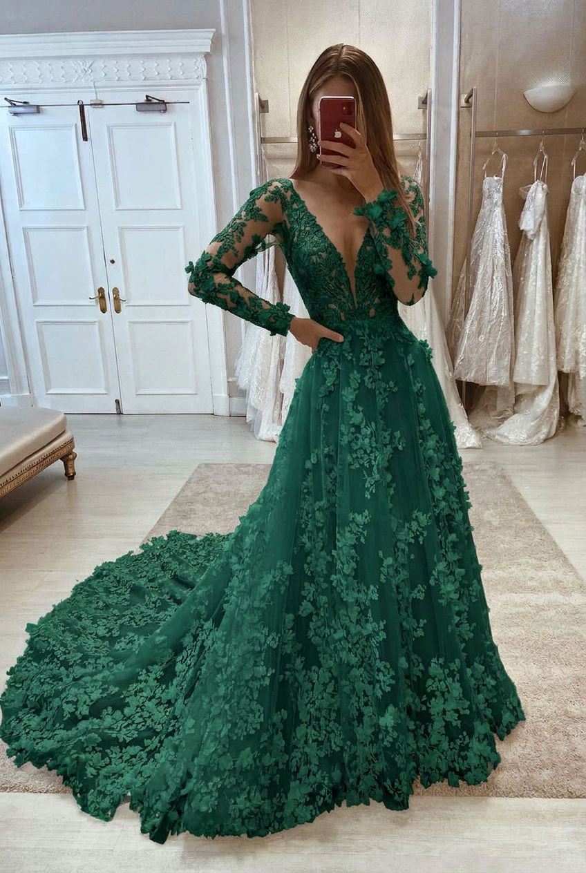 Dark green v-neck applique a-line wedding dress