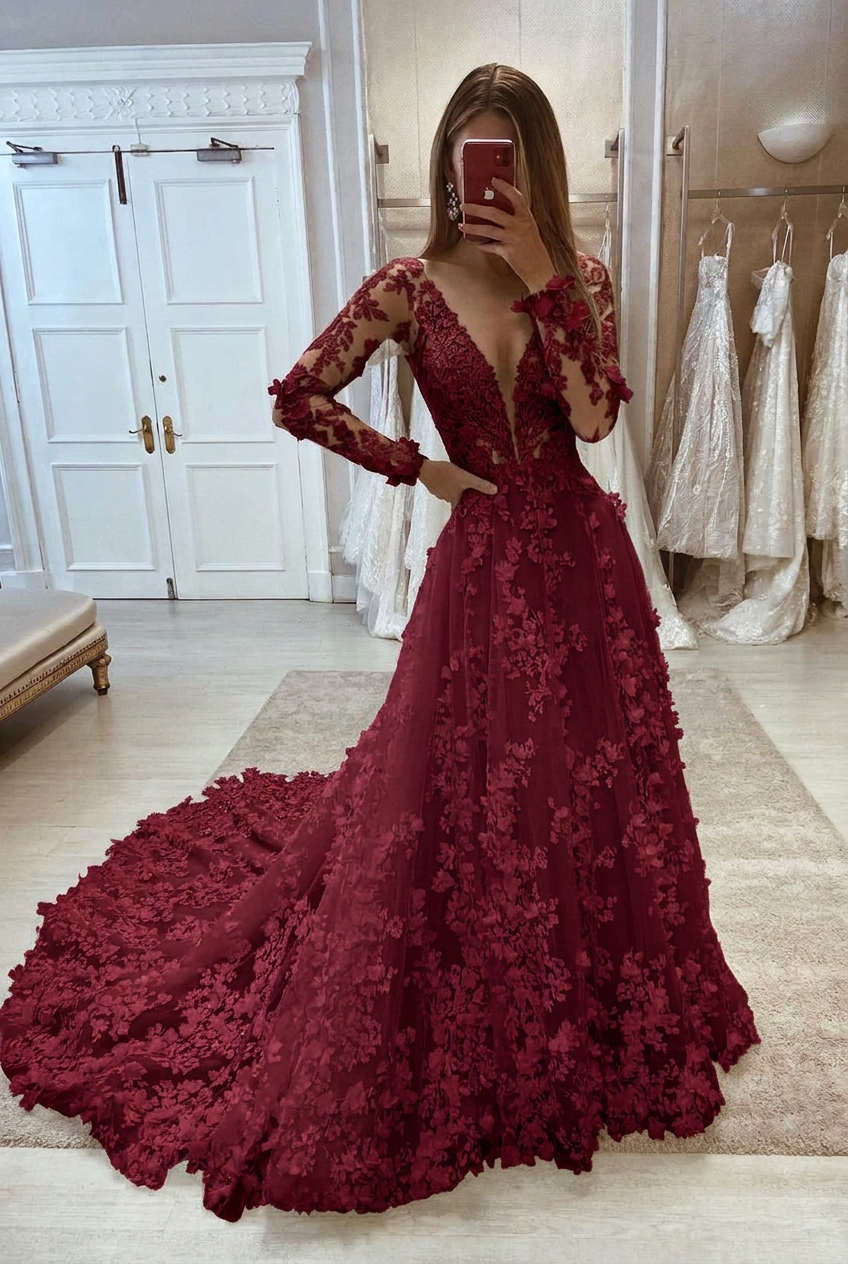 Burgundy v-neck applique a-line wedding dress
