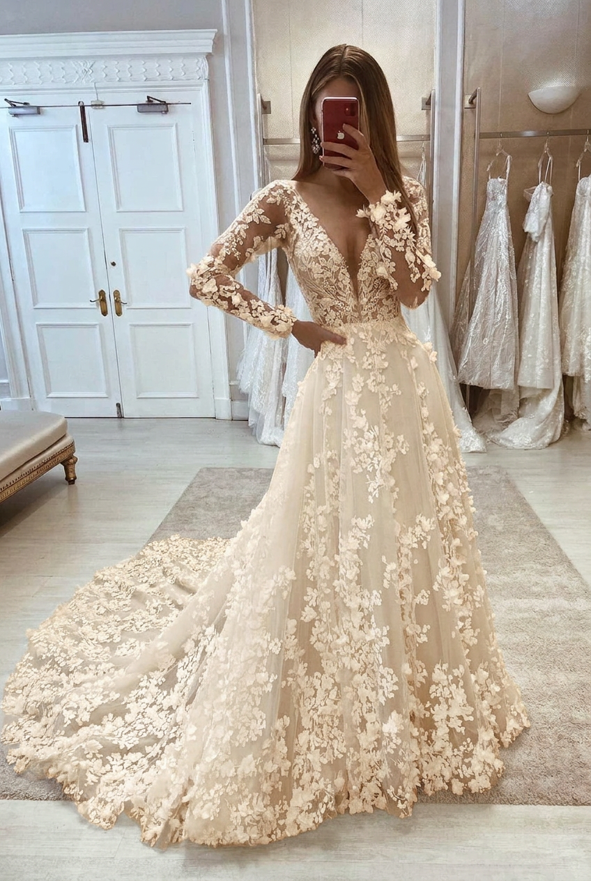 Champagne v-neck applique a-line wedding dress