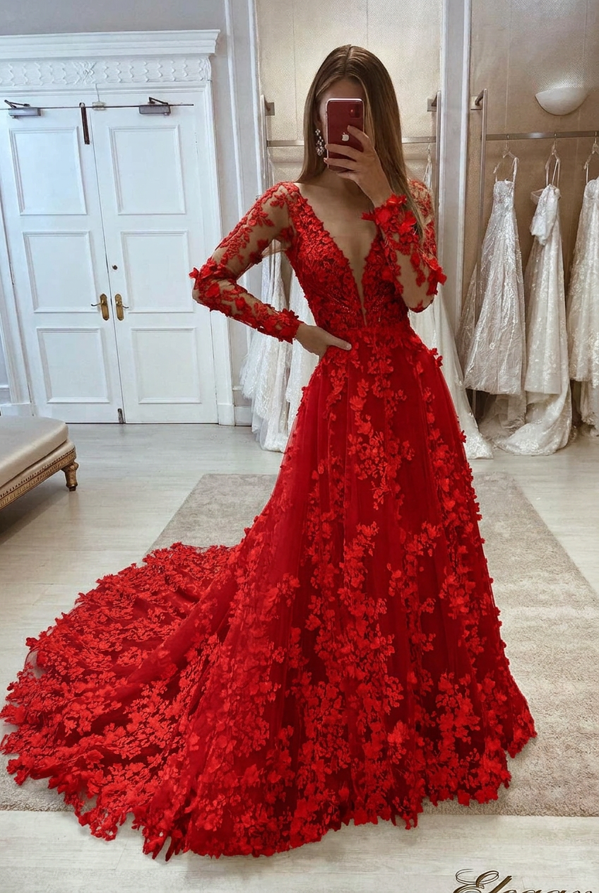Red v-neck applique a-line wedding dress
