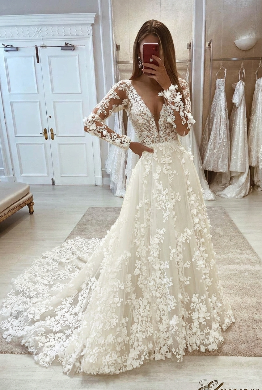 Ivory v-neck applique a-line wedding dress