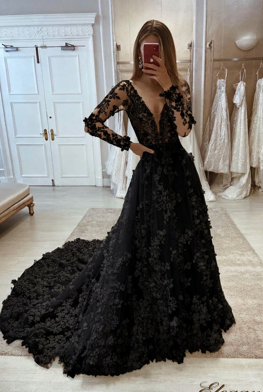 Black v-neck applique a-line wedding dress