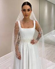 Chic White A-Line Spaghetti Straps Sleeveless Beaded Chapel Train Satin Wedding Dress With Pearls