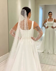 Chic White A-Line Spaghetti Straps Sleeveless Beaded Chapel Train Satin Wedding Dress With Pearls