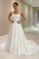 Chic White A-Line Spaghetti Straps Sleeveless Beaded Chapel Train Satin Wedding Dress With Pearls