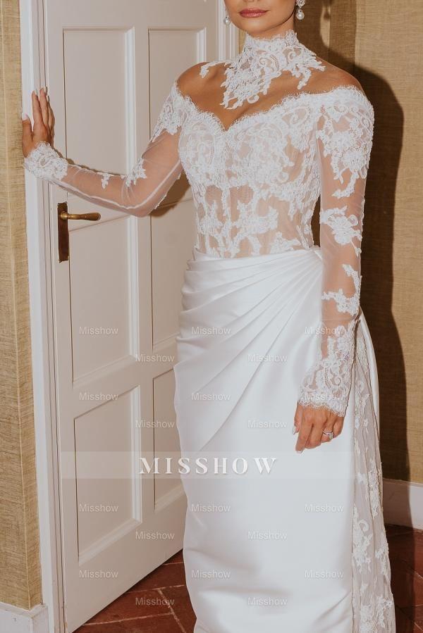 White high neck applique column wedding dress