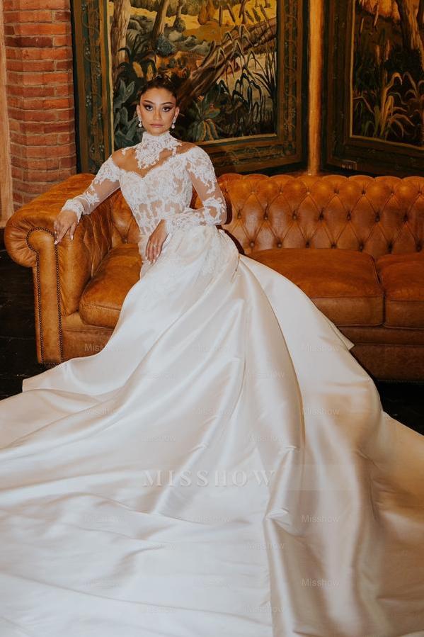 White high neck applique column wedding dress