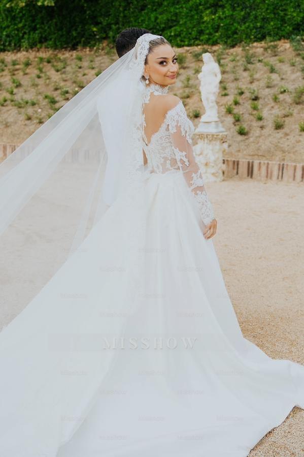 White high neck applique column wedding dress