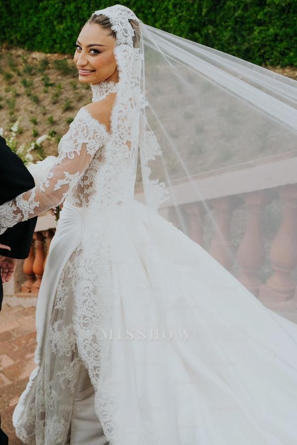 White high neck applique column wedding dress