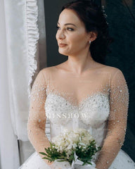 White scoop rhinestone ball gown wedding dress