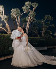 White scoop rhinestone ball gown wedding dress