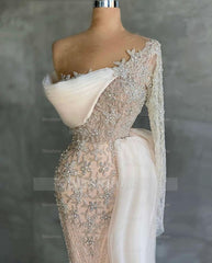 Chic White Mermaid Appliques Formal Dress Beaded With Long Sleeve Ruffles