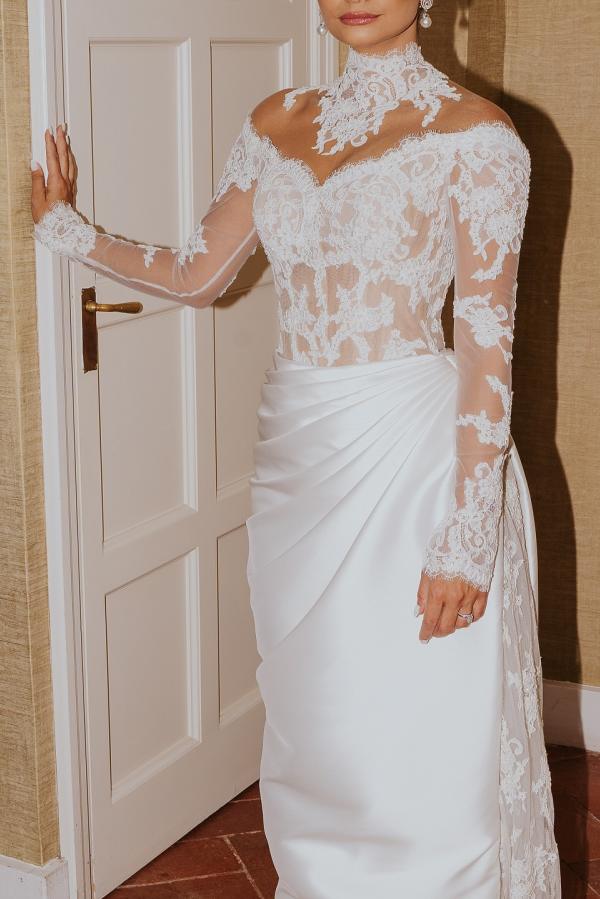 Chic White Mermaid High-Neck Long Sleeves Lace Long Satin Ruffle Detachable Panel Train Wedding Dresses With Appliques