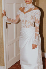 Chic White Mermaid High-Neck Long Sleeves Lace Long Satin Ruffle Detachable Panel Train Wedding Dresses With Appliques