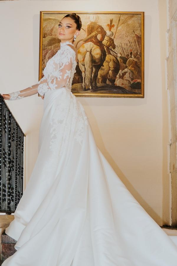 Chic White Mermaid High-Neck Long Sleeves Lace Long Satin Ruffle Detachable Panel Train Wedding Dresses With Appliques