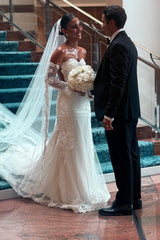 Chic White Mermaid Lace Sweetheart Sleeveless Long Tulle Wedding Dresses With Appliques