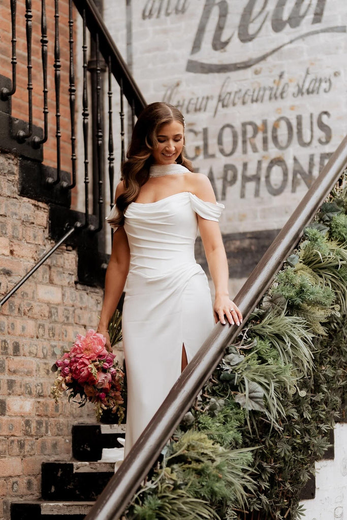 Chic White Mermaid Off-The-Shoulder Strapless Ruffles Long Simple Satin Wedding Dress with Slit