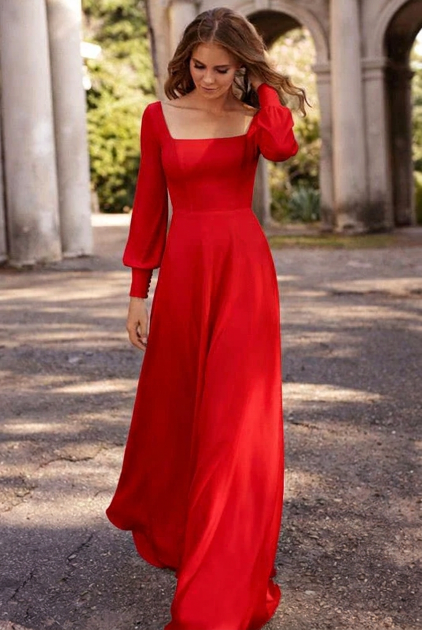 Red square satin A-line wedding dress