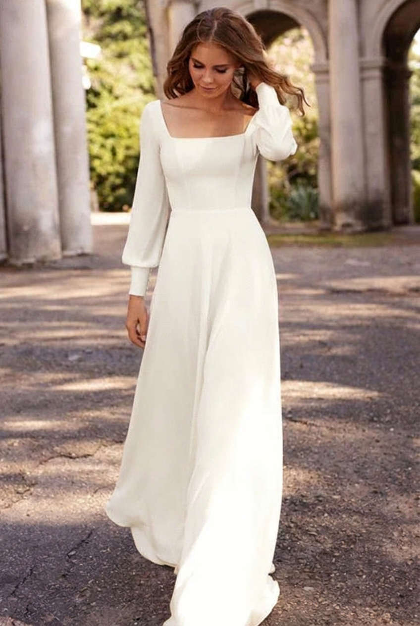 Ivory square satin A-line wedding dress