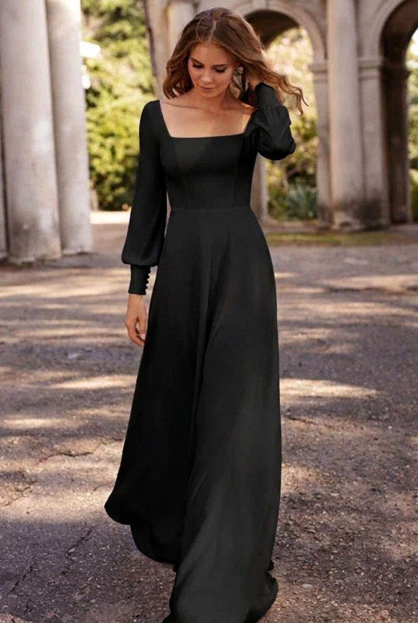 Black square satin A-line wedding dress