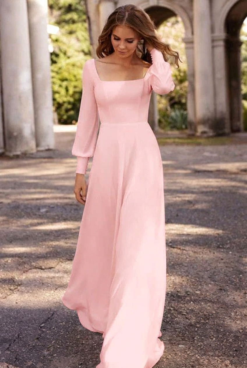 Blushing pink square satin A-line wedding dress