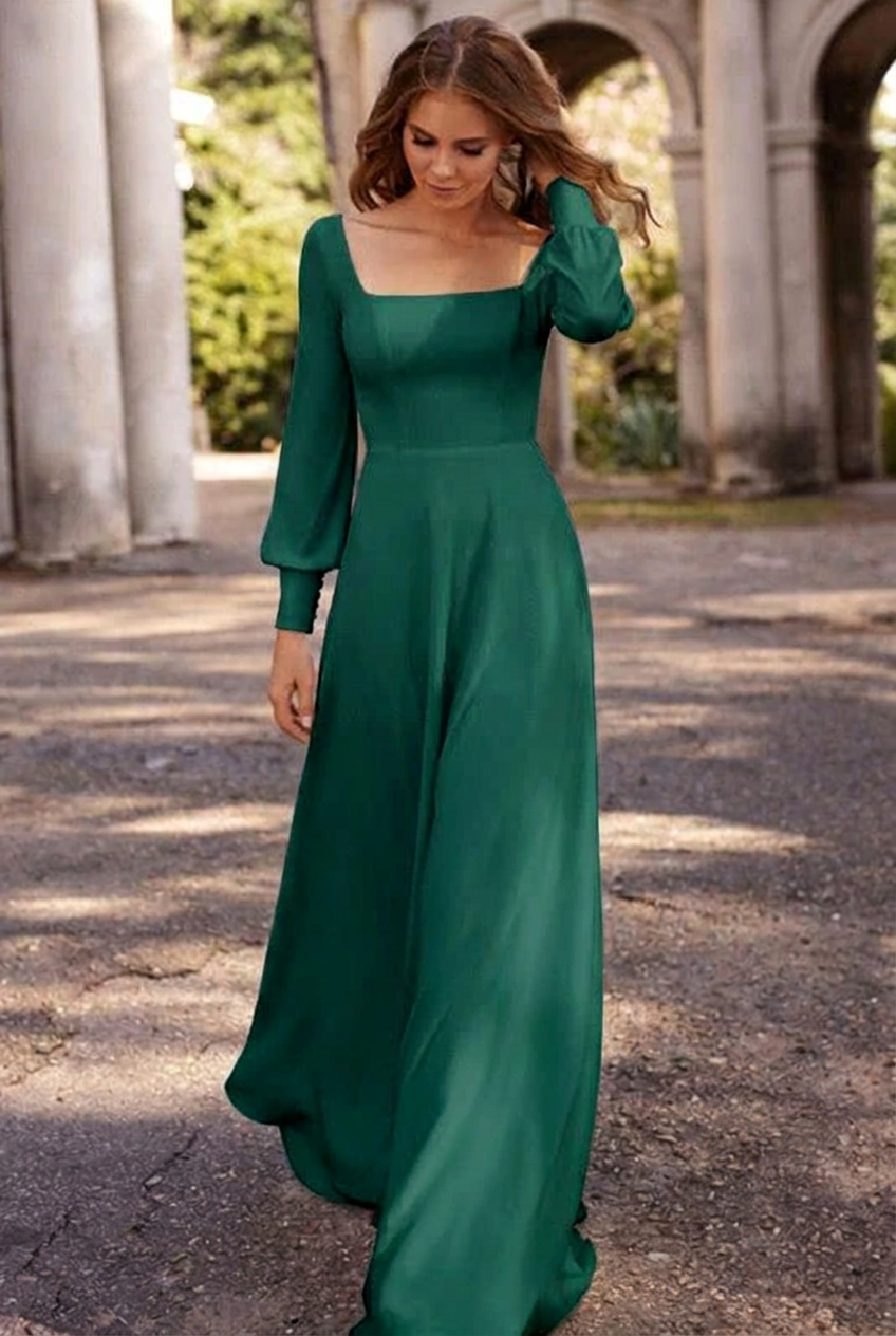Dark green square satin A-line wedding dress