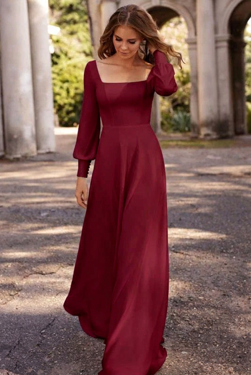 Burgundy square satin A-line wedding dress