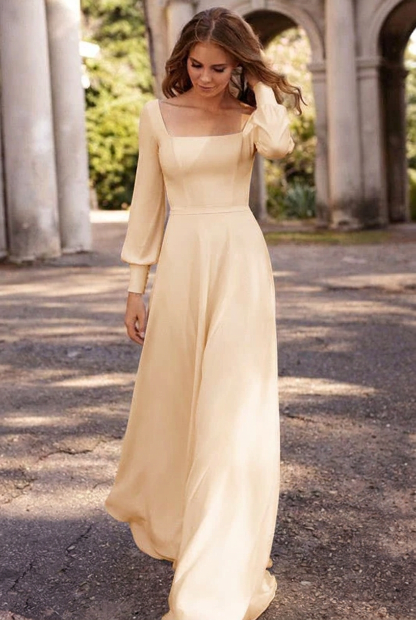 Champagne square satin A-line wedding dress