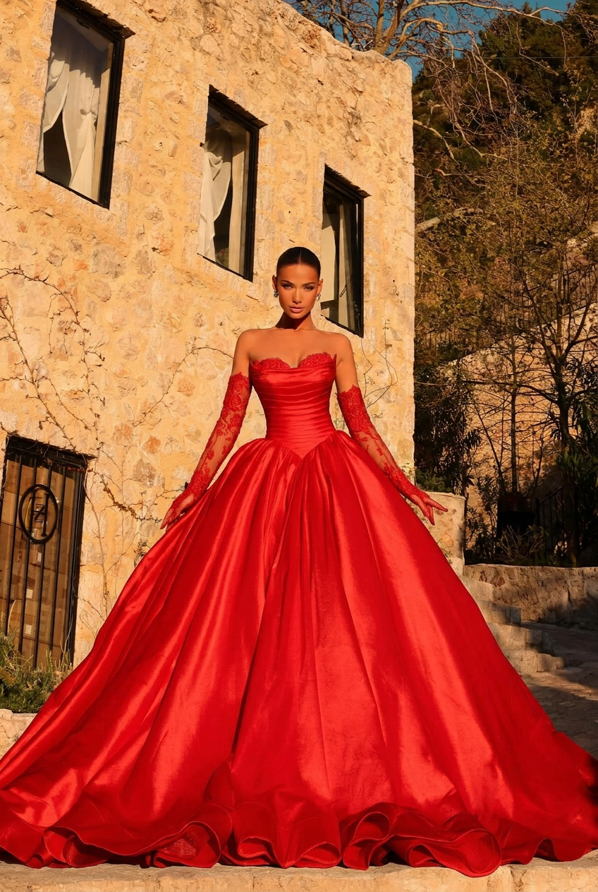 Red sweetheart ruffled ball gown wedding dress