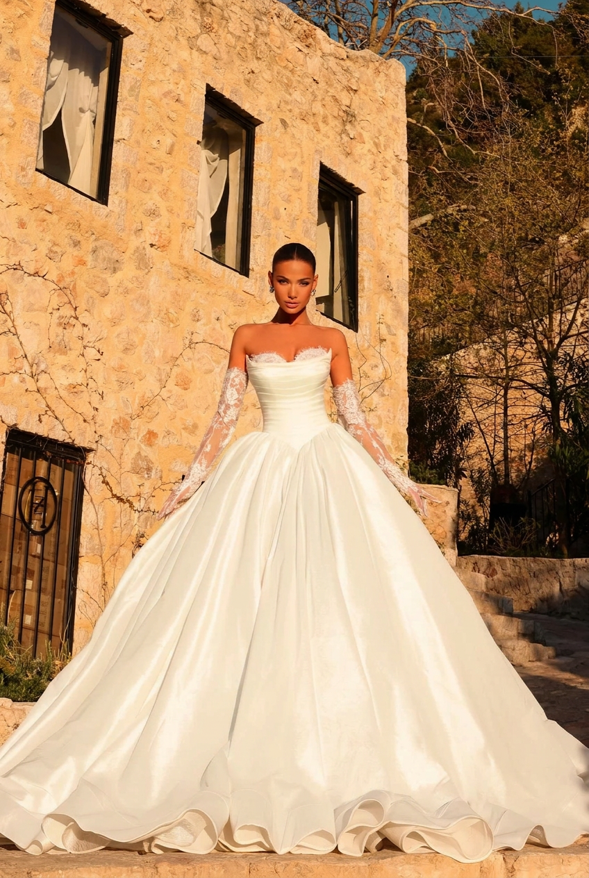 Ivory sweetheart ruffled ball gown wedding dress