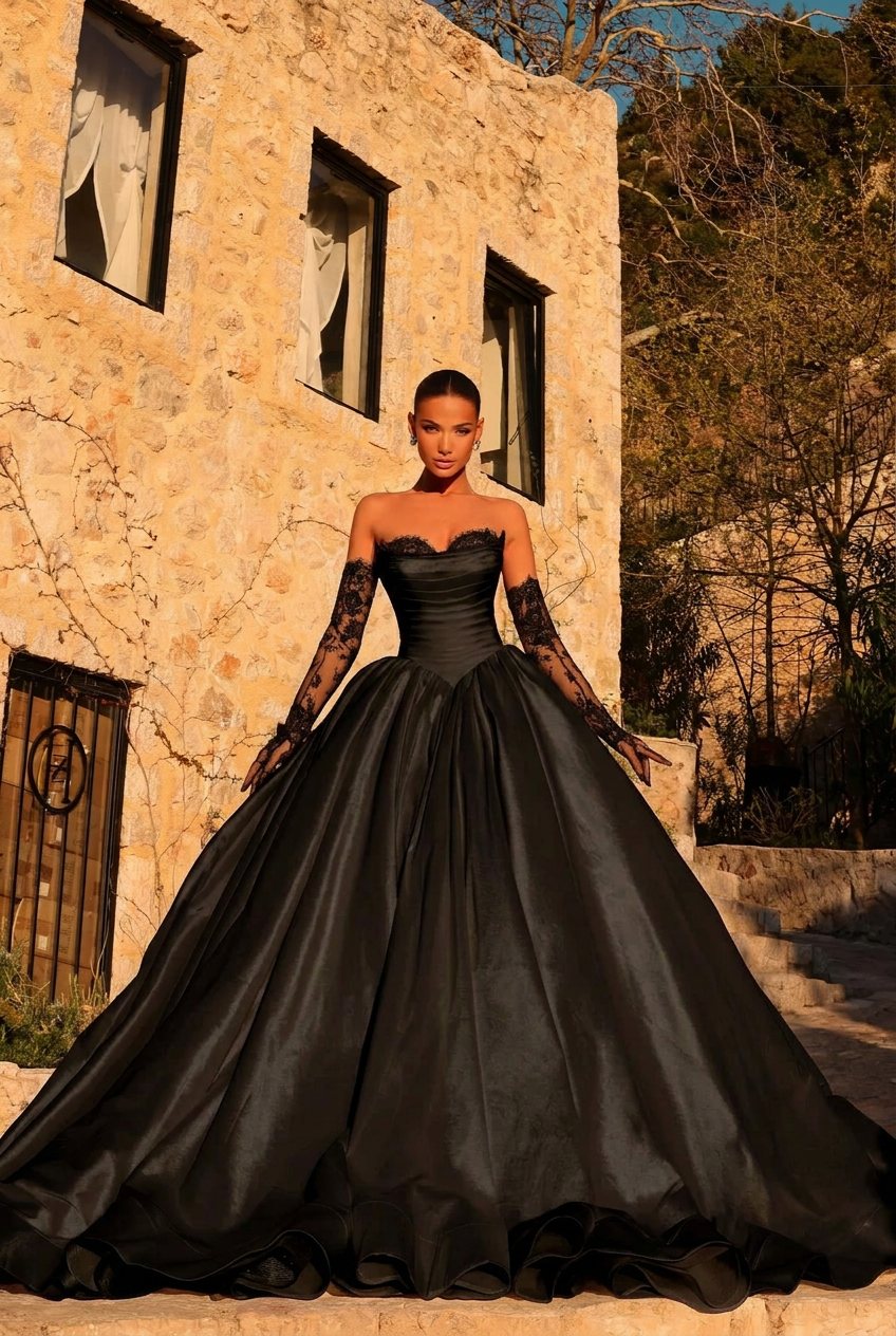 Black sweetheart ruffled ball gown wedding dress